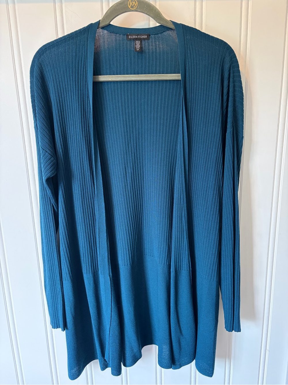 Eileen Fisher Tencel Lyocell Nylon Blend Knit Teal Open Front Cardigan Small